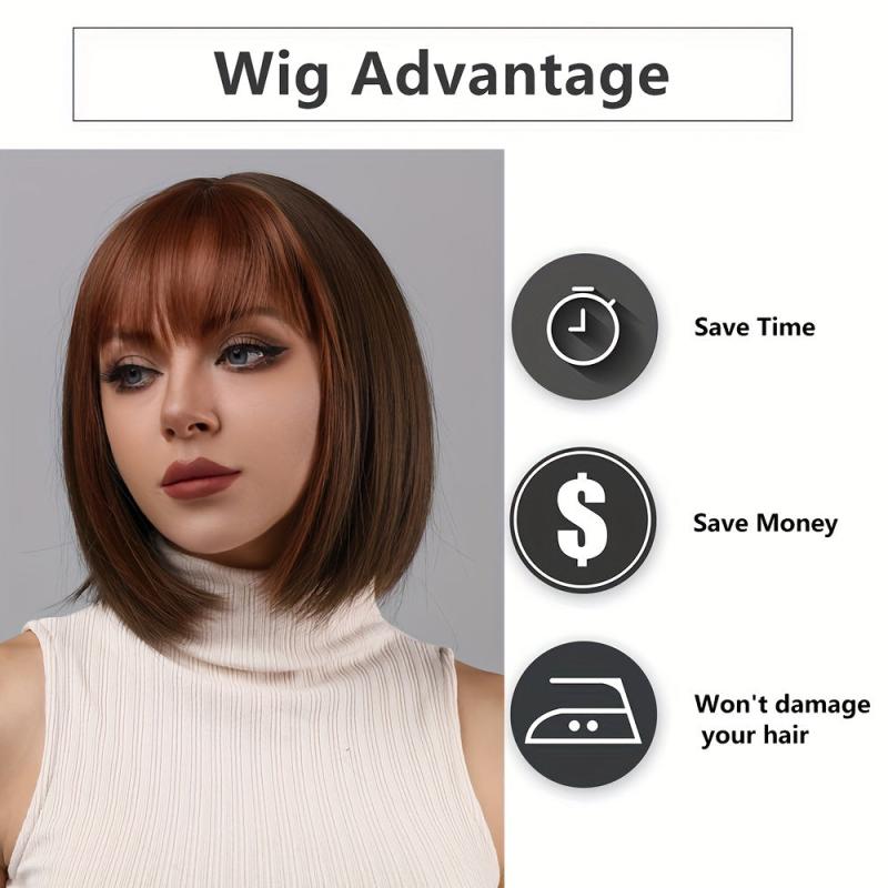 Short Brown Bob Wig With Bangs Natural Straight Synthetic Wig For Daily Wear