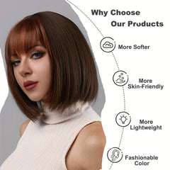 Short Brown Bob Wig With Bangs Natural Straight Synthetic Wig For Daily Wear