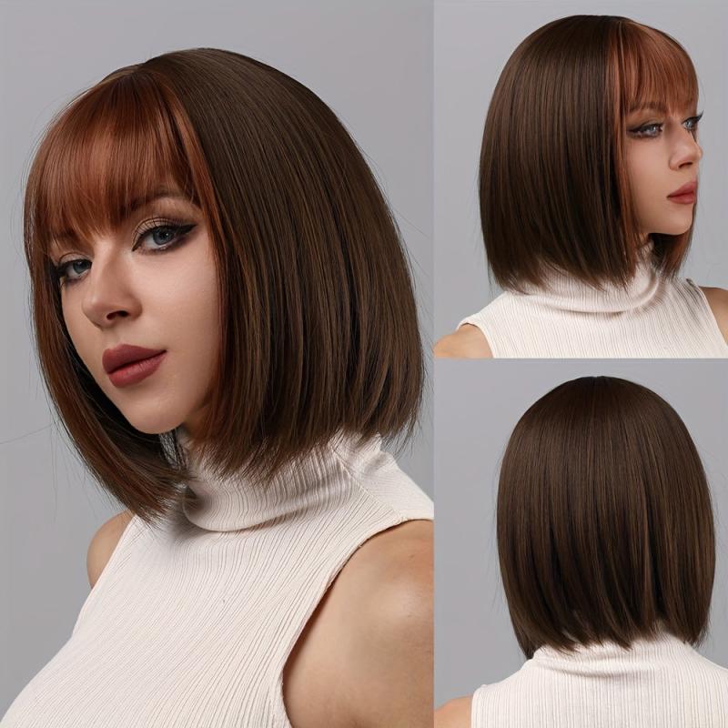 Short Brown Bob Wig With Bangs Natural Straight Synthetic Wig For Daily Wear