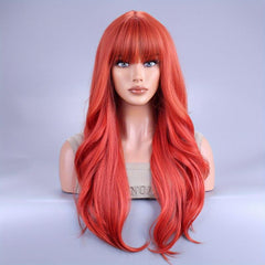 66 Cm Long Curly Wig With Bangs Synthetic Wavy Hair Red for Halloween Cosplay