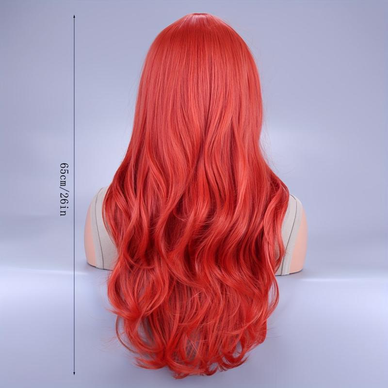 66 Cm Long Curly Wig With Bangs Synthetic Wavy Hair Red for Halloween Cosplay