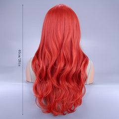 66 Cm Long Curly Wig With Bangs Synthetic Wavy Hair Red for Halloween Cosplay