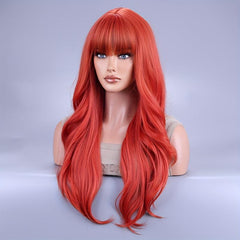 66 Cm Long Curly Wig With Bangs Synthetic Wavy Hair Red for Halloween Cosplay