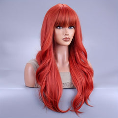 66 Cm Long Curly Wig With Bangs Synthetic Wavy Hair Red for Halloween Cosplay