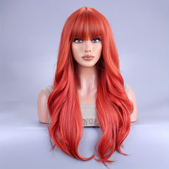 66 Cm Long Curly Wig With Bangs Synthetic Wavy Hair Red for Halloween Cosplay