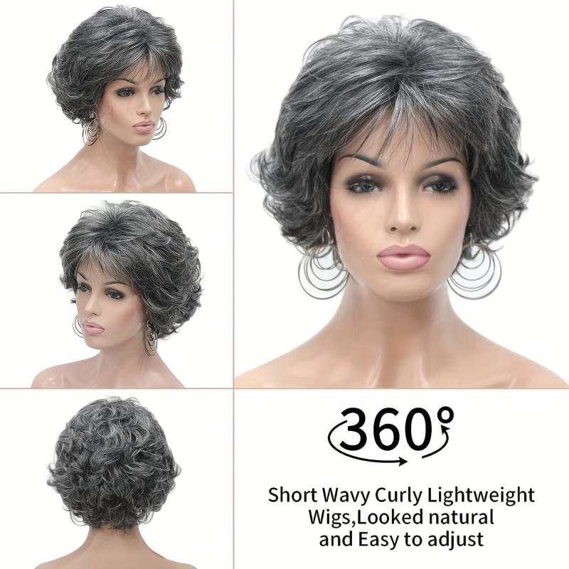 Short Gray Wig Pixie Cut Wig Short Wavy Layered Wigs With Bangs