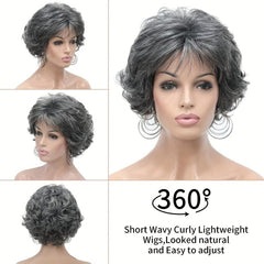 Short Gray Wig Pixie Cut Wig Short Wavy Layered Wigs With Bangs