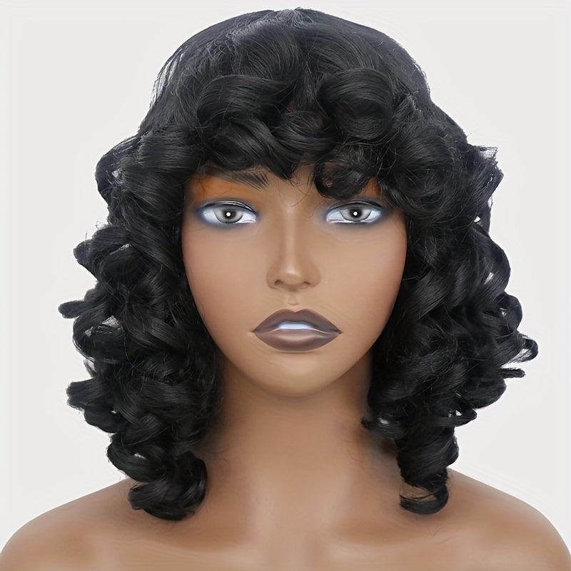 Short Curly Wig With Bangs Synthetic Hair Natural Shoulder Length