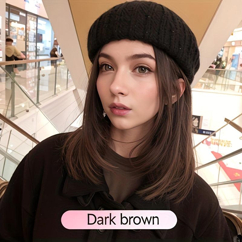 Short Straight Hair Wig Beret Collarbone Hair Autumn Winter Style