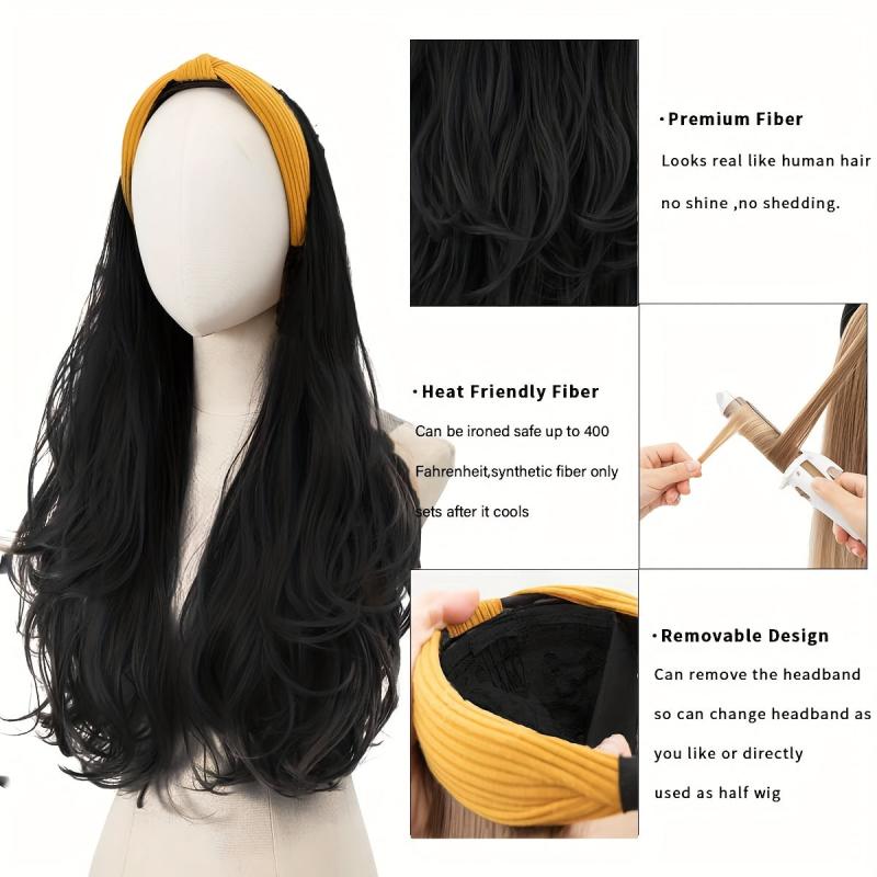 Long Wavy Synthetic Headband Wig Natural Brown Hair