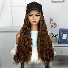 Brown Curly Wavy Hair With Hat Wig Synthetic Wig For Women Daily Use