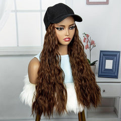 Brown Curly Wavy Hair With Hat Wig Synthetic Wig For Women Daily Use