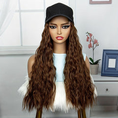 Brown Curly Wavy Hair With Hat Wig Synthetic Wig For Women Daily Use