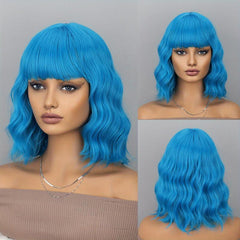 Short Wigs For Women Girls With Bangs Bob Wig Curly Wavy Synthetic Hair