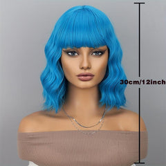 Short Wigs For Women Girls With Bangs Bob Wig Curly Wavy Synthetic Hair
