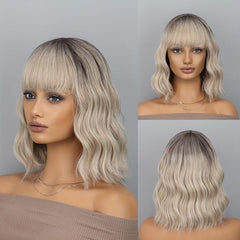 Short Wigs For Women Girls With Bangs Bob Wig Curly Wavy Synthetic Hair