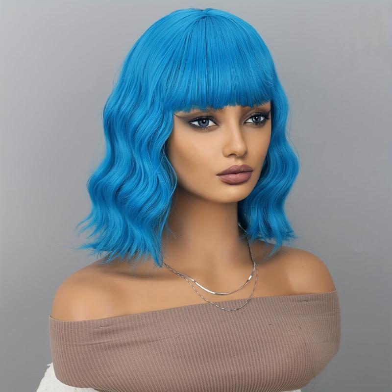 Short Wigs For Women Girls With Bangs Bob Wig Curly Wavy Synthetic Hair