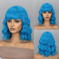 Short Wigs For Women Girls With Bangs Bob Wig Curly Wavy Synthetic Hair