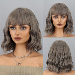 Short Wigs For Women Girls With Bangs Bob Wig Curly Wavy Synthetic Hair