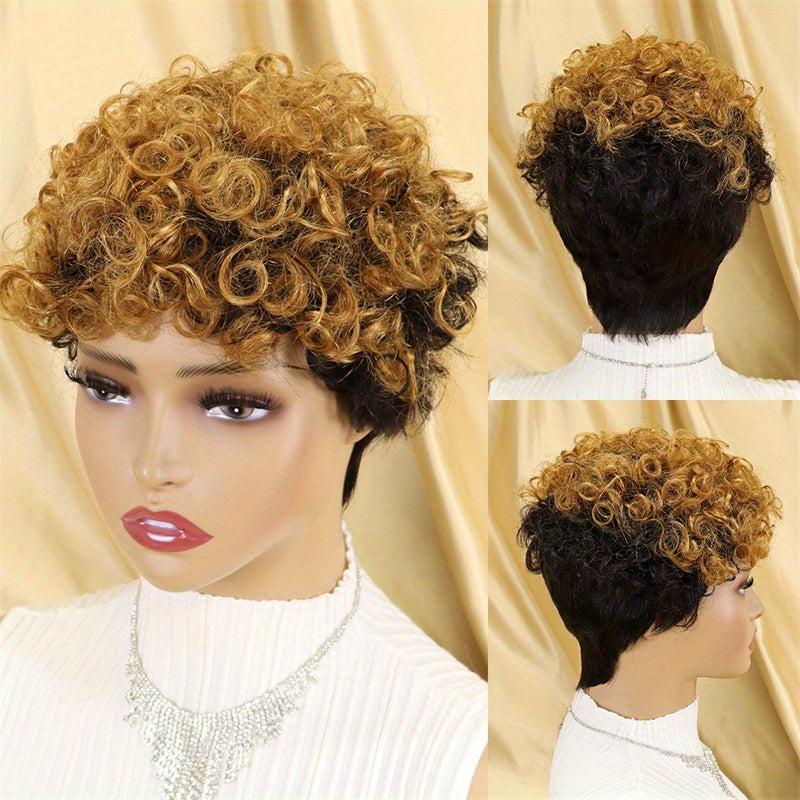 24CM Short Pixie Cut Human Hair Afro Kinky Curly Wigs