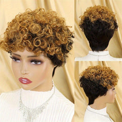 24CM Short Pixie Cut Human Hair Afro Kinky Curly Wigs