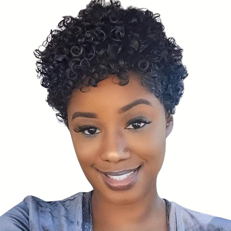 24CM Short Pixie Cut Human Hair Afro Kinky Curly Wigs