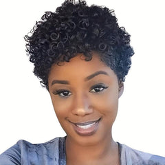 24CM Short Pixie Cut Human Hair Afro Kinky Curly Wigs