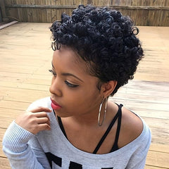24CM Short Pixie Cut Human Hair Afro Kinky Curly Wigs