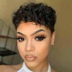 24CM Short Pixie Cut Human Hair Afro Kinky Curly Wigs