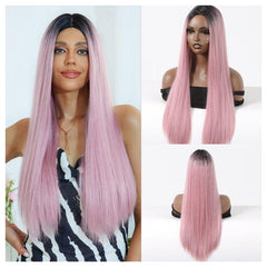 26'' Ombre Straight Wig Synthetic Hair Middle Part Brown Burgundy