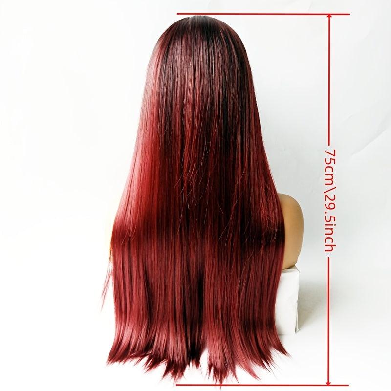 26'' Ombre Straight Wig Synthetic Hair Middle Part Brown Burgundy