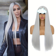 26'' Ombre Straight Wig Synthetic Hair Middle Part Brown Burgundy