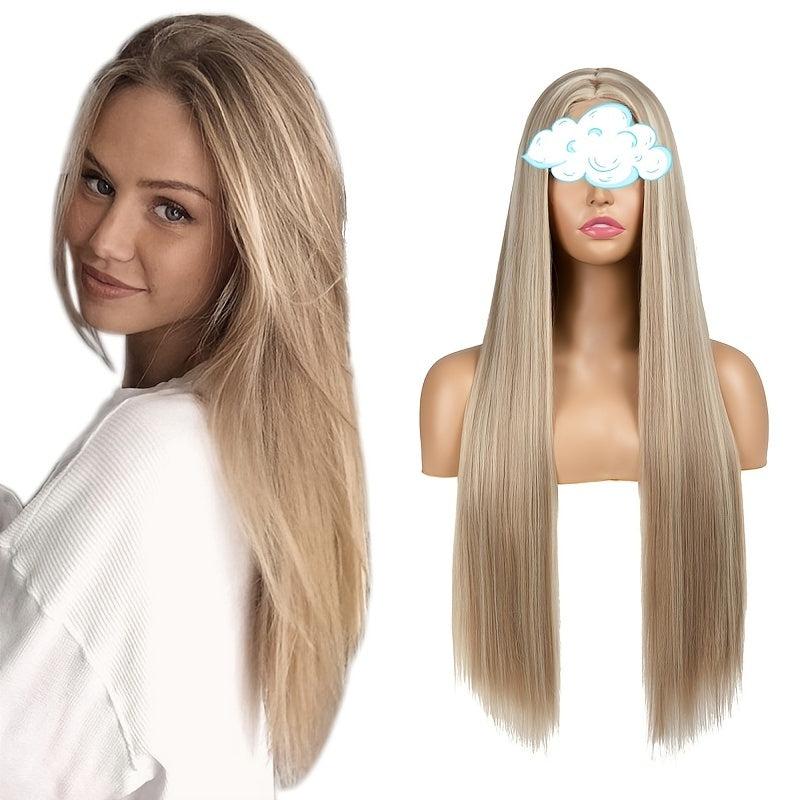 26'' Ombre Straight Wig Synthetic Hair Middle Part Brown Burgundy
