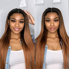 26'' Ombre Straight Wig Synthetic Hair Middle Part Brown Burgundy