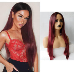 26'' Ombre Straight Wig Synthetic Hair Middle Part Brown Burgundy