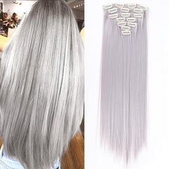 7pcs Grey Clip In Hair Extensions Light Grey Synthetic Wig Fluffy Hair DIY