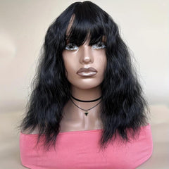 Curly Wave Hair Topper with Overhead Bangs, Natural Fringe for Grey Hair
