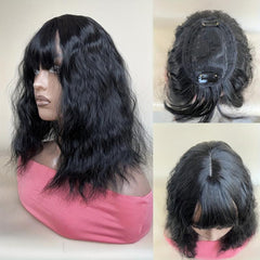 Curly Wave Hair Topper with Overhead Bangs, Natural Fringe for Grey Hair