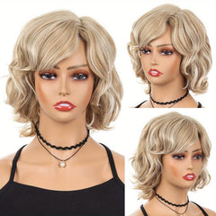 Fluffy Curly Blonde Wig with Bangs Natural Looking Synthetic Wig