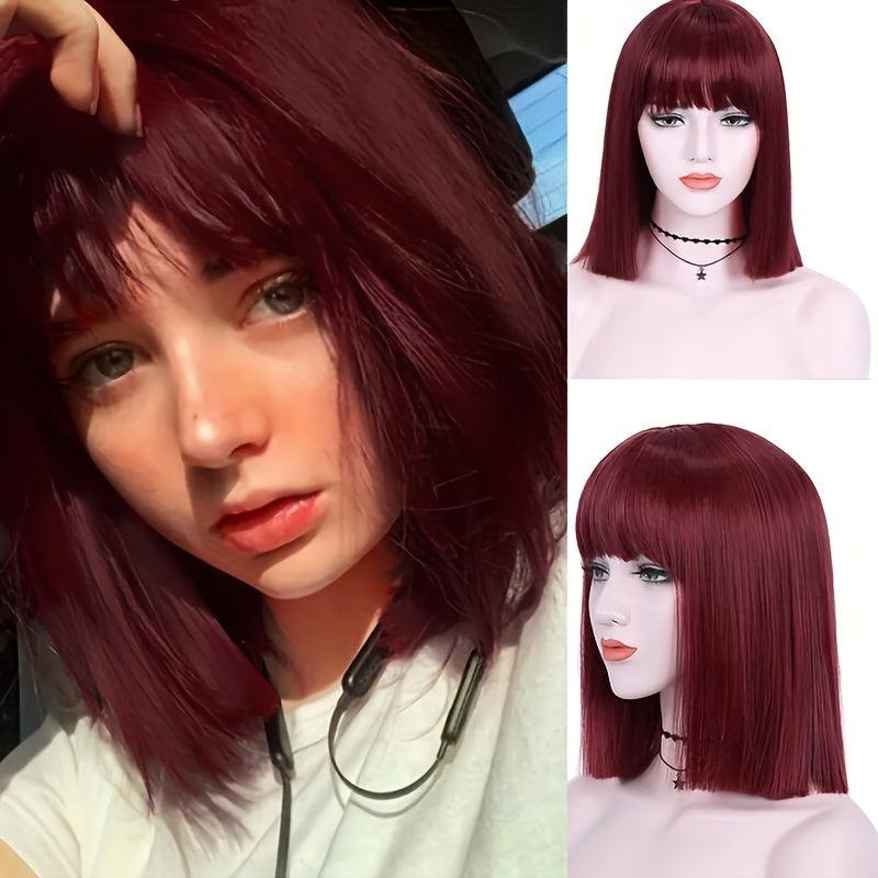 Stylish Straight Bob Wig With Bangs Synthetic Purple Wig For Women