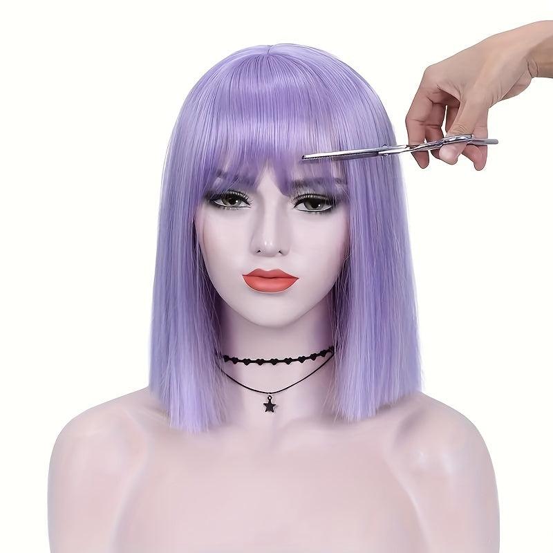 Stylish Straight Bob Wig With Bangs Synthetic Purple Wig For Women