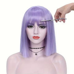 Stylish Straight Bob Wig With Bangs Synthetic Purple Wig For Women