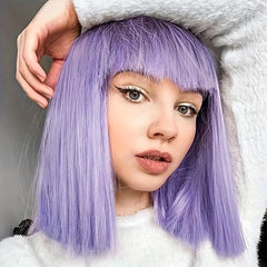 Stylish Straight Bob Wig With Bangs Synthetic Purple Wig For Women