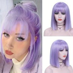 Stylish Straight Bob Wig With Bangs Synthetic Purple Wig For Women