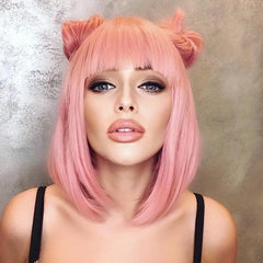 Short Bob Wig With Bangs Synthetic Fiber Rose Net Wigs