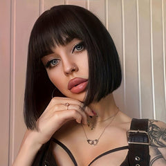 Short Bob Wig With Bangs Synthetic Fiber Rose Net Wigs