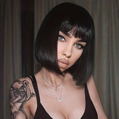 Short Bob Wig With Bangs Synthetic Fiber Rose Net Wigs