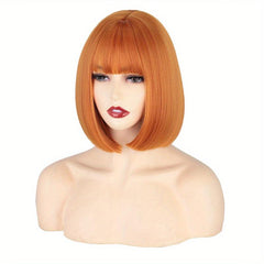 35 56 Cm Short Straight Bob Cut Wig With Bangs Synthetic Fiber Natural Look