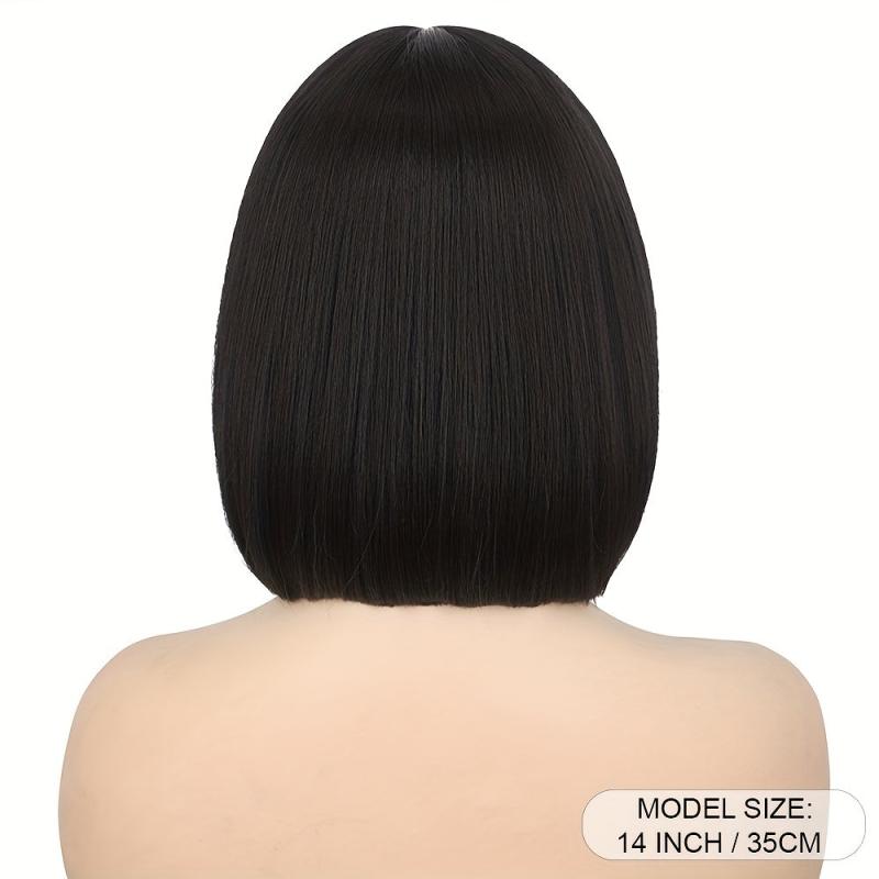 35 56 Cm Short Straight Bob Cut Wig With Bangs Synthetic Fiber Natural Look