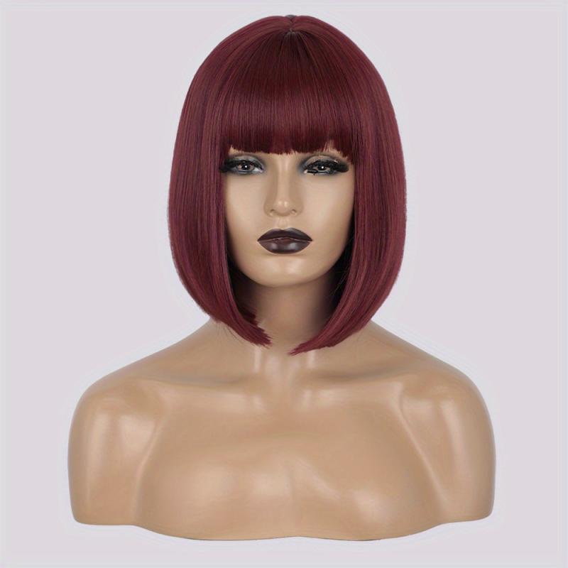 35 56 Cm Short Straight Bob Cut Wig With Bangs Synthetic Fiber Natural Look